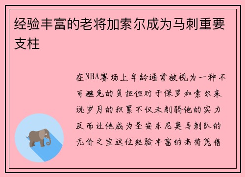 经验丰富的老将加索尔成为马刺重要支柱